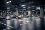 Widok na parking podziemny z wydzielonymi miejscami parkingowymi