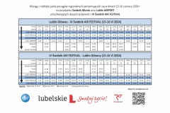 Wyciąg z rozkładu jazdy pociągów regionalnych zatrzymujących się w dniach 15-16 czerwca 2024 r.  na przystanku Świdnik Miasto oraz Lublin AIRPORT umożliwiających dojazd na/powrót z IV Świdnik AIR FESTIVAL