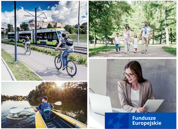 Kolaż zdjęć przedstawiający różne inwestycje powstałe dzięki funduszom europejskim