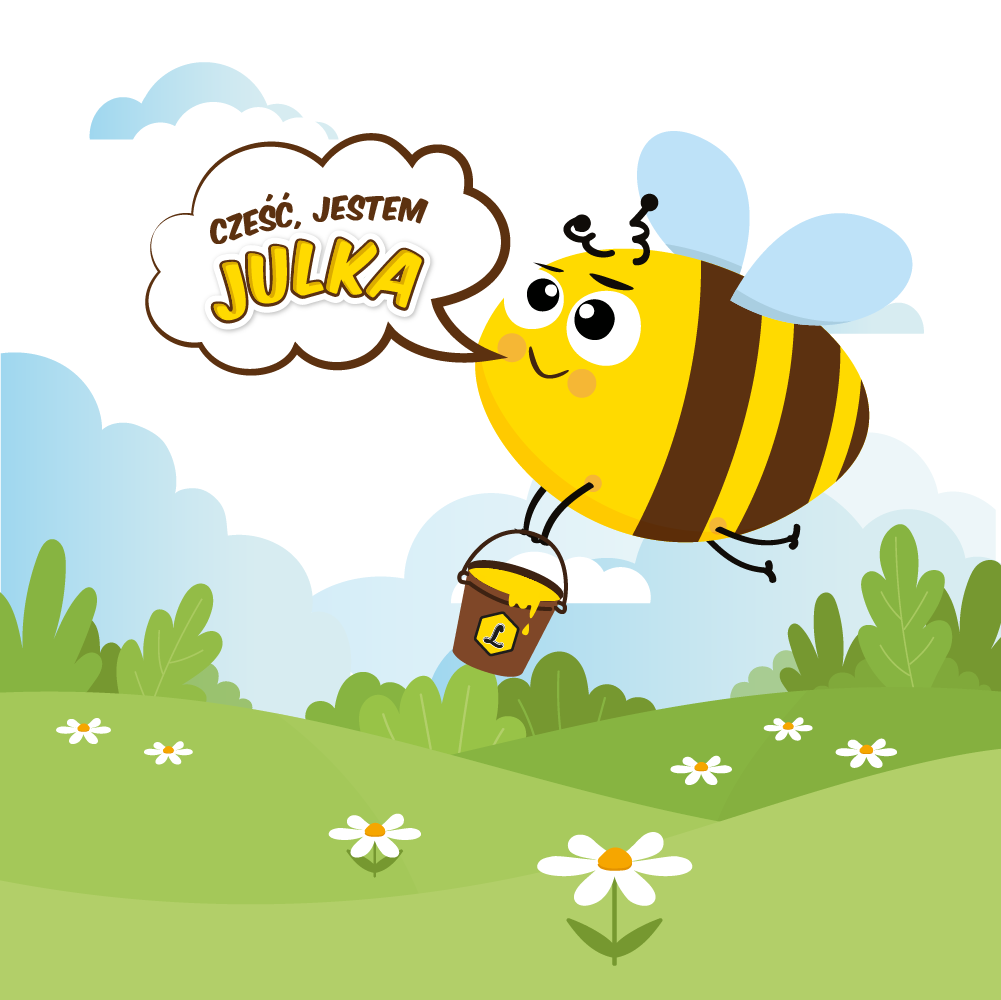 Obrazek przedstawia graficzną postać brązowo-żółtej pszczółki Julki z niebieskimi skrzydełkami, która leci nad zieloną łąką obsianą białymi kwiatkami. Pszczółka trzyma brązowe wiaderko wypełnione miodem i oznaczone literą L, jak Lubelskie. Obok pszczółki widoczny jest napis w chmurce: „Cześć, jestem Julka”. W tle widoczne są zielone zadrzewienia, a nad nimi obłoki w tonacji biało-niebieskiej.