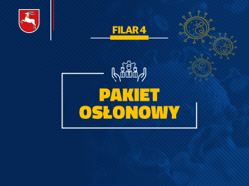 Grafika na ciemnoniebieskim tle przedstawiająca czwarty filar pakietu antykryzysowego. W górnym lewym rogu znajduje się herb województwa lubelskiego. Na tej samej linii po środku znajduje się tekst Filar 4 napisany czcionką koloru żółtego. Poniżej na środku w niepełnej ramce tekst Pakiet osłonowy napisany czcionką koloru żółtego.
