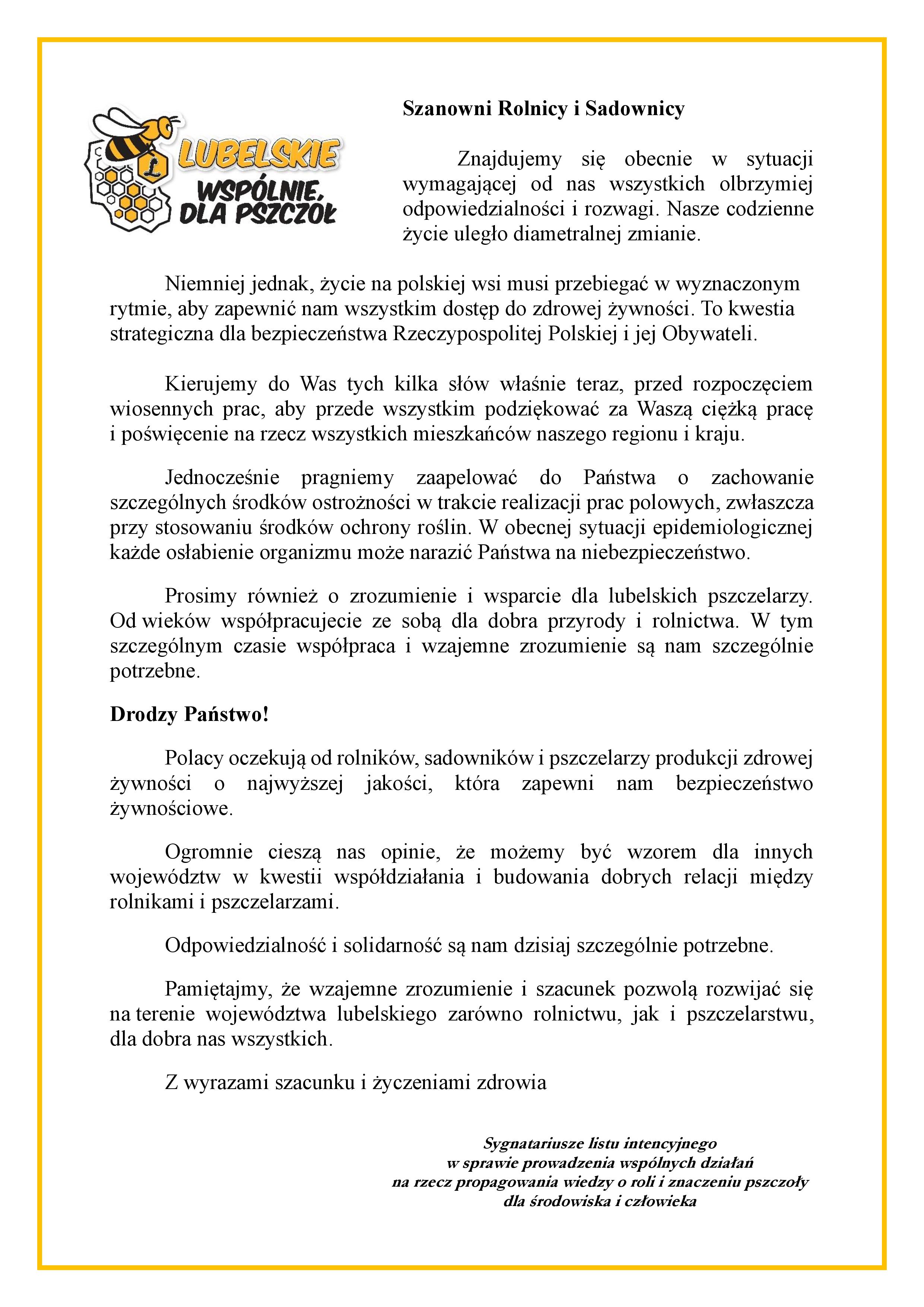 List do rolników i sadowników. Tekst apelu wpisany jest w żółtą ramkę, w górnym lewym rogu znajduje się logo akcji Lubelskie wspólnie dla pszczół