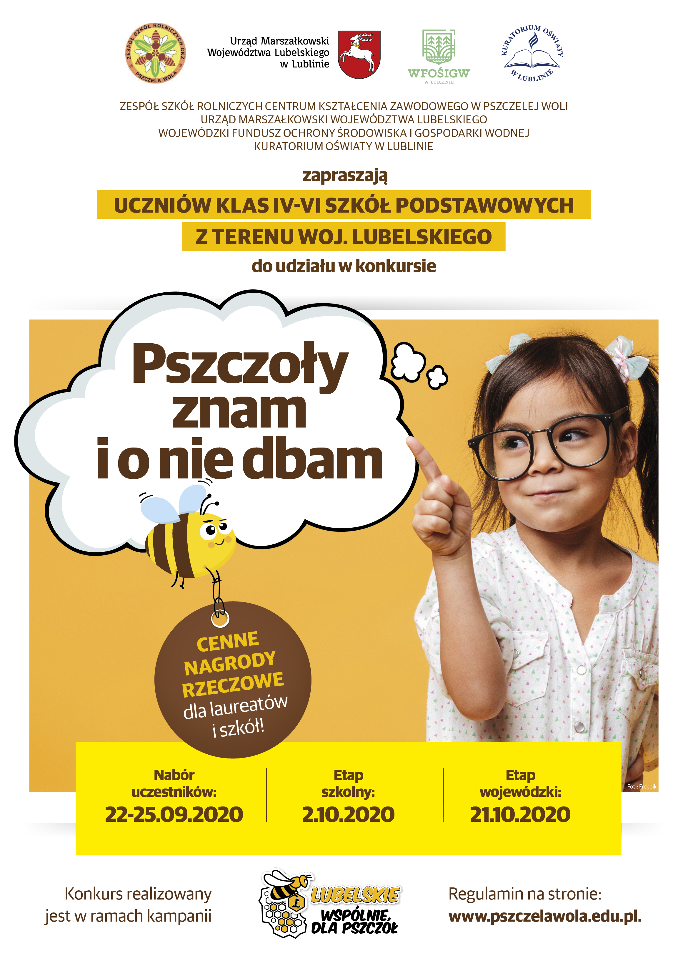 Na górze plakatu znajdują się logotypy współorganizatorów konkursu i ich nazwy: Zespół Szkół Rolniczych Centrum Kształcenia Zawodowego w Pszczelej Woli Urząd Marszałkowski Województwa Lubelskiego Wojewódzki Fundusz Ochrony Środowiska i Gospodarki Wodnej w Lublinie Kuratorium Oświaty w Lublinie Poniżej umieszczono napis: „zapraszają uczniów klas IV-VI szkół podstawowych z terenu woj. lubelskiego do udziału w konkursie”. Centralnym elementem plakatu jest zdjęcie dziewczynki w okularach na żółtym tle, która wskazuje na napis w chmurce, będący jednocześnie tytułem konkursu: „Pszczoły znam i o nie dbam”. Przy chmurce umiejscowiono pszczołę Julkę, element identyfikacji wizualnej kampanii „Lubelskie – wspólnie dla pszczół”, która trzyma okrągły brelok z napisem: „Cenne nagrody rzeczowe dla laureatów i szkół!”. Na plakacie znajdują się podstawowe informacje o konkursie: Nabór uczestników: 22-25.09.2020 Etap szkolny: 2.10.2020 Etap wojewódzki: 21.10.2020 Na dole plakatu umiejscowiona jest informacja, że: Konkurs realizowany jest w ramach kampanii „Lubelskie – wspólnie dla pszczół” (nazwa kampanii występuje w formie logo). Regulamin znajduje się na stronie www.pszczelawola.edu.pl.