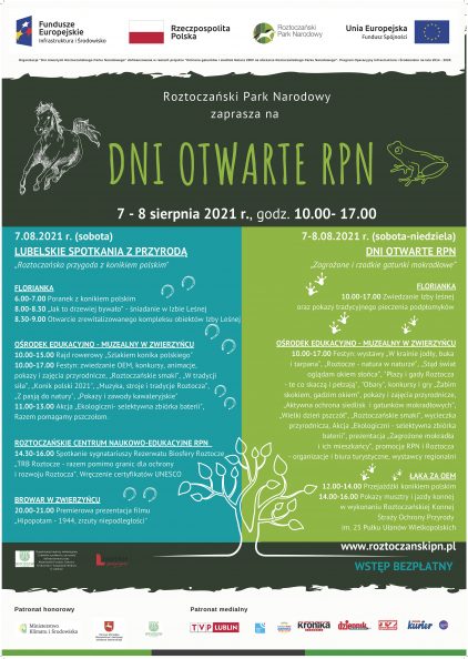 Plakat przedstawiający program : po lewej stronie Lubelskich spotkań z przyrodą i po prawej stronie Dni otwartych RPN