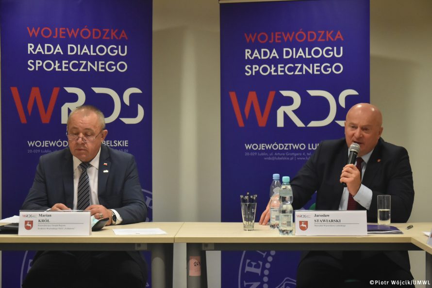 Od lewej Marian Król Przewodniczący WRDS i Marszalek Województwa Lubelskiego - Wiceprz\ewodniczący WRDS WL podczas posiedzenia Prezydium WRDS WL