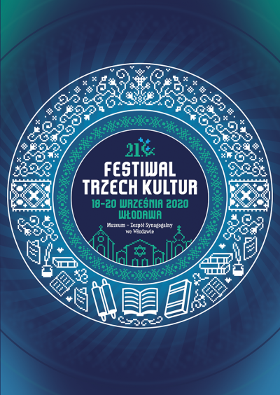 Napis Festiwal Trzech Kultur na granatowym tle., data i miejsce wydarzenia. Napisy wspisane w koło złożone z