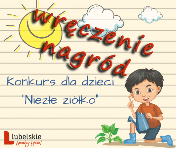 plakat konkursu niezłe ziółko. Duży czerwony napis wręczonie nagród.