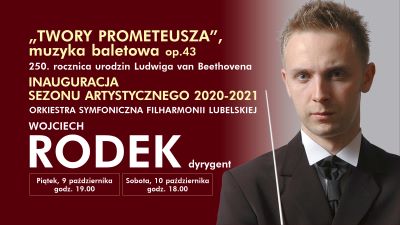 bordowe tło z żółtym tytułem Twory Prometeusza, po prawej stronie zdjęcie dyrygenta