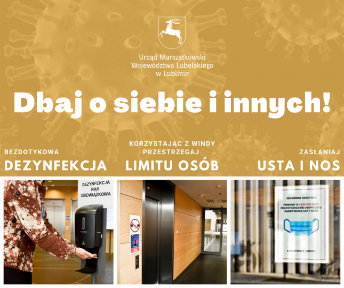 Grafika ze zdjęciami. Napis dbaj o siebie i innych. Poniżej (nad zdjęciami) napisy dezynfekcja bezdotykowa, korzystając z windy przestrzegaj limitu osób, zasłaniaj usta i nos.