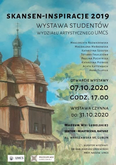 Drewniany kościół na niebieskim tle, tytuł wystawy, czas i miejsce