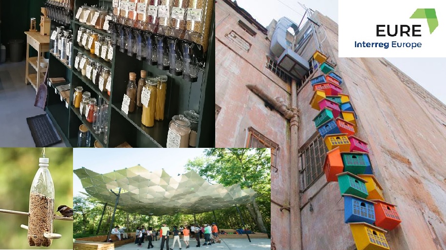 wnętrze sklepu bez opakowań, przykład karmnika dla ptaków z odpadów, altana ze znaków drogowych oraz logo projektu EURE