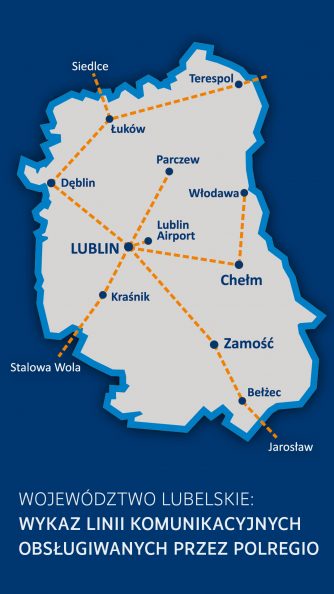 Graficzny schemat linii komunikacyjnych obsługiwanych przez Polregio. Na schemat województwa lubelskiego nałożone zostaly wybrane miasta połączone żółtą przerywaną linią.