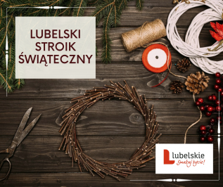 plakat konkursu lubelski stroik świąteczny, świerkowe gałązki, nożyce, sznurek