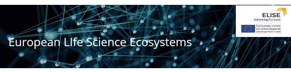 Grafika przedstawia punkty połączone w sieć. Napis w języku angielskim European Life Science Ecosystem. W górnym prawym rogu logo projektu ELISE