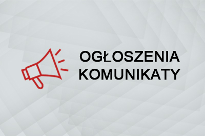 Grafika na szarym, geometrycznym tle, z lewej czerwony kontur megafonu, obok czarny napis wersalikami ogłoszenia komunikaty