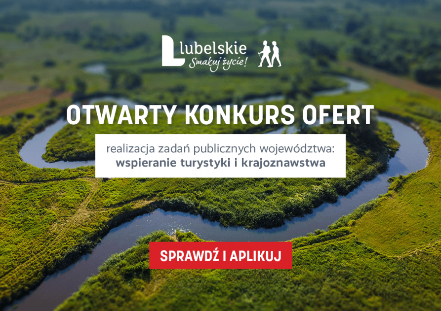 Napis: otwarty konkurs ofert realizacja zadań publicznych województwa wspieranie turystyki i krajoznawstwa, sprawdź i aplikuj, w tle meandrująca rzeka śród soczystej zieleni