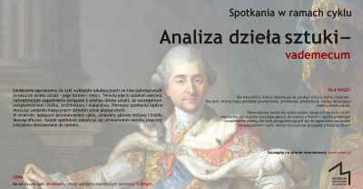 Na górze napis Analiza dzieła sztuki, vademecum. W prawym dolnym rogu logo Muzeum Narodowego w Lublinie. Tło stanowi portret króla Stanisława Poniatowskiego - postać mężczyzny w peruce i stroju koronacyjnym.