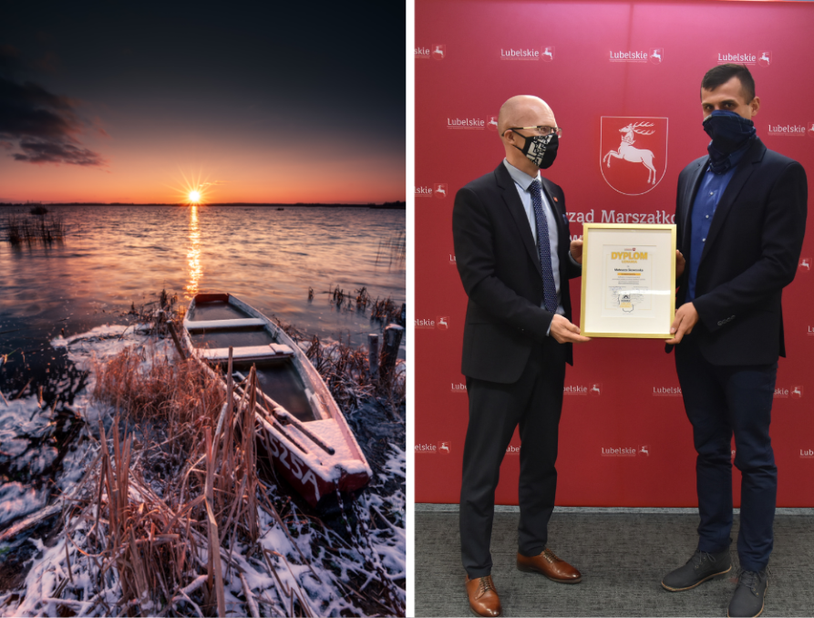 połączone dwa zdjęcia, z lewej zdjęcie wyróznione w konkursie, zachód słońca nad jeziorem, przy brzegu stoi łódka, z prawej członek zarządu Sebastian Trojak wraz z autorem zwycięskiego zdjęcia, obaj trzymają dyplom