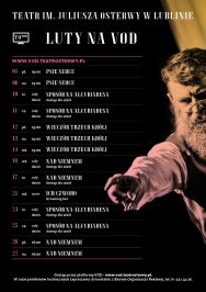 afisz teatralny w ciemnej kolorystyce. Na górze napis Teatr imienia Juliusza Osterwy. poniżej napis luty 2021 W pionie daty przedstawień