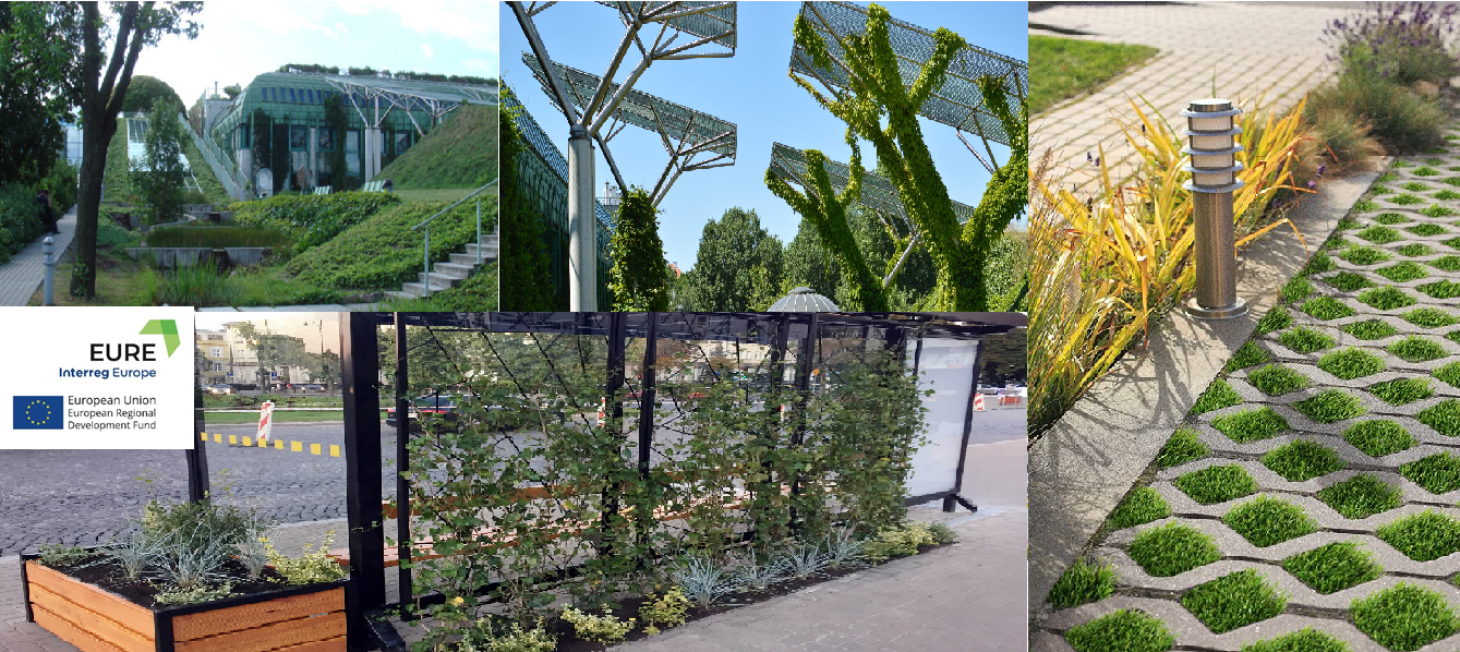 miks zdjęć przedstawiajacy zielone dachy, zielony przystanek, zielony parking oraz logo projektu EURE