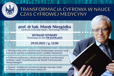Plakat wydarzenia na niebieskim tle. Po prawej stronie zdjęcie profesora Marka Niezgódki, w lewym górnym roku logo Uniwersytetu Medycznego w Lublinie. obok napis z tytułem spotkania. Poniżej opisane najważniejsze elementy spotkania (imię i nazwisko, data i sposób emisji). 