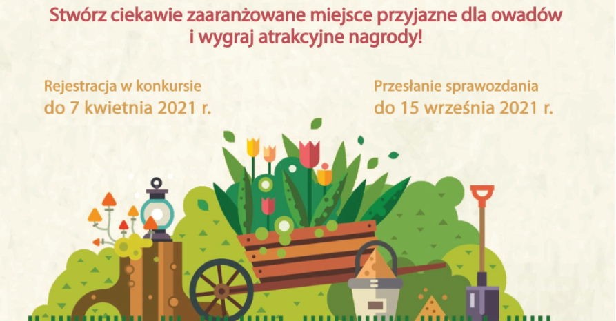 Infografika przedstawia kolorową wizualizację ogrodu, nad którą umieszczono zaproszenie do udziału w konkursie i podano terminy zgłoszeń