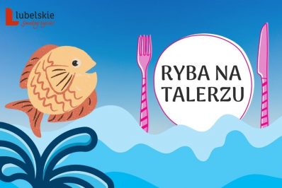 plakat konkursu: pomarańczowa ryba, talerz ze sztućcami po bokach, fale