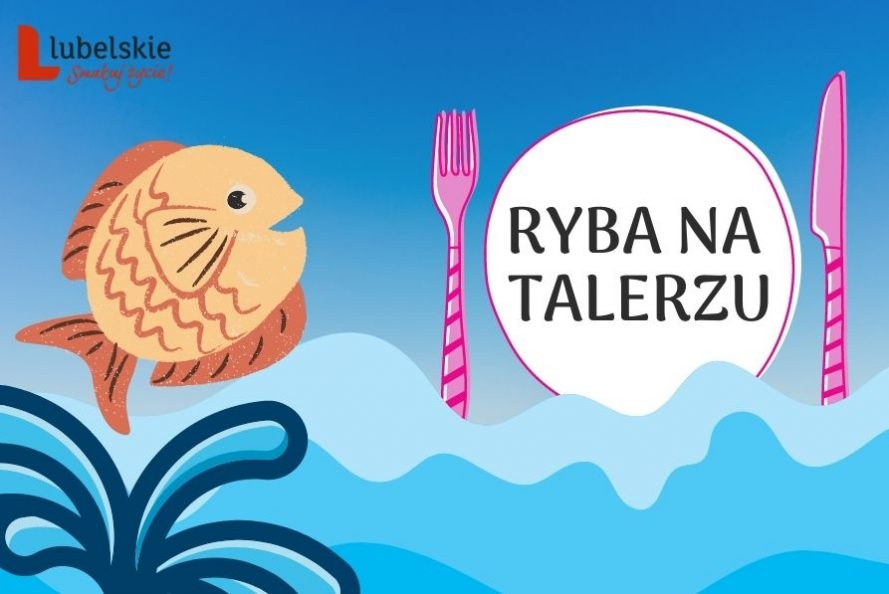 plakat konkursu: pomarańczowa ryba, talerz ze sztućcami po bokach, fale