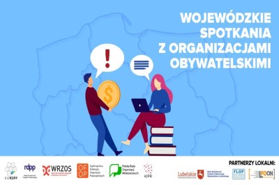 plakat z tłem koloru niebieskiego z dwoma postaciami, z których kobieta siedzi mężczyzna stoi. W prawym górnym rogu napis Wojewódzkie Spotkania z Organizacjami Pozarządowymi