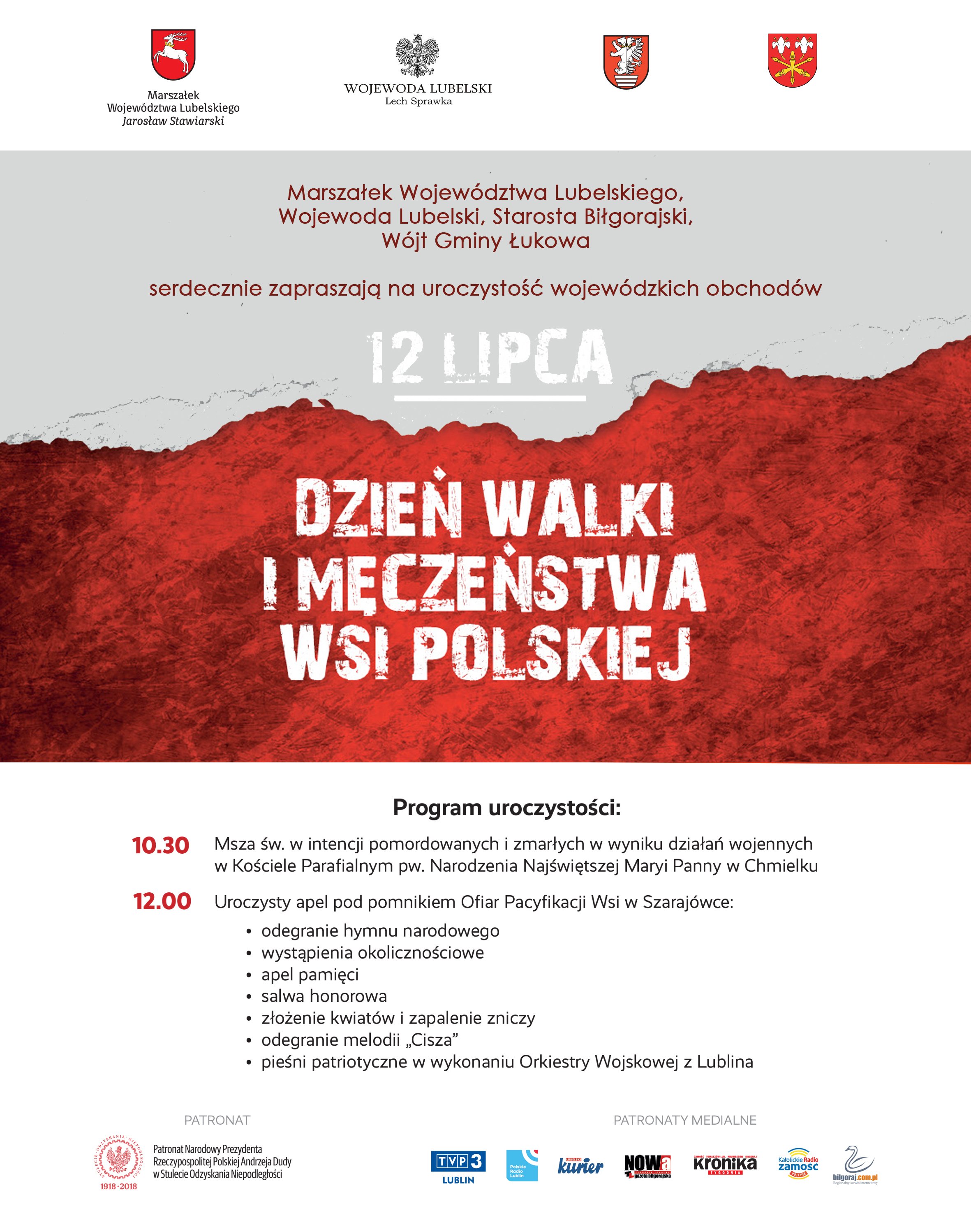 plakat zaproszenie na wojewódzkie obchody dnia walki i męczeństwa wsi polskiej wraz ze szczegółowym programem obchodów.