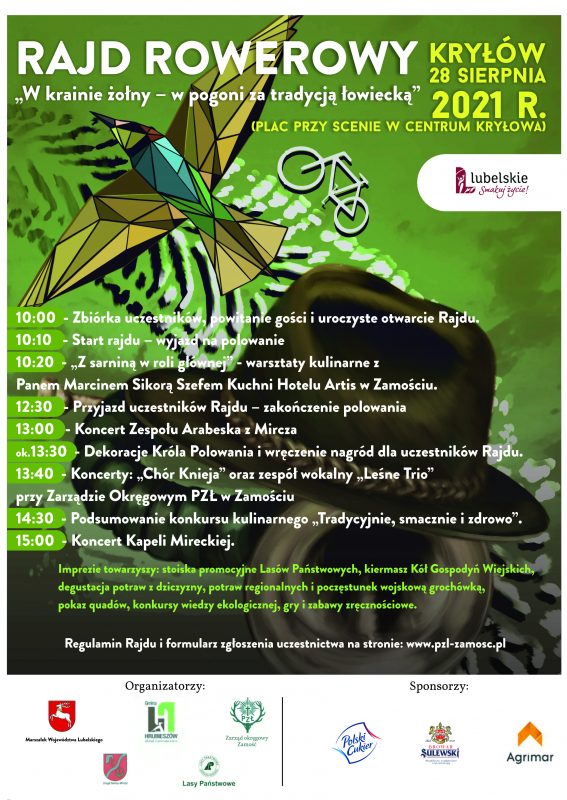 Plakat promujący rajd rowerowy "W krainie żołny - w pogoni za tradycją łowiecką"