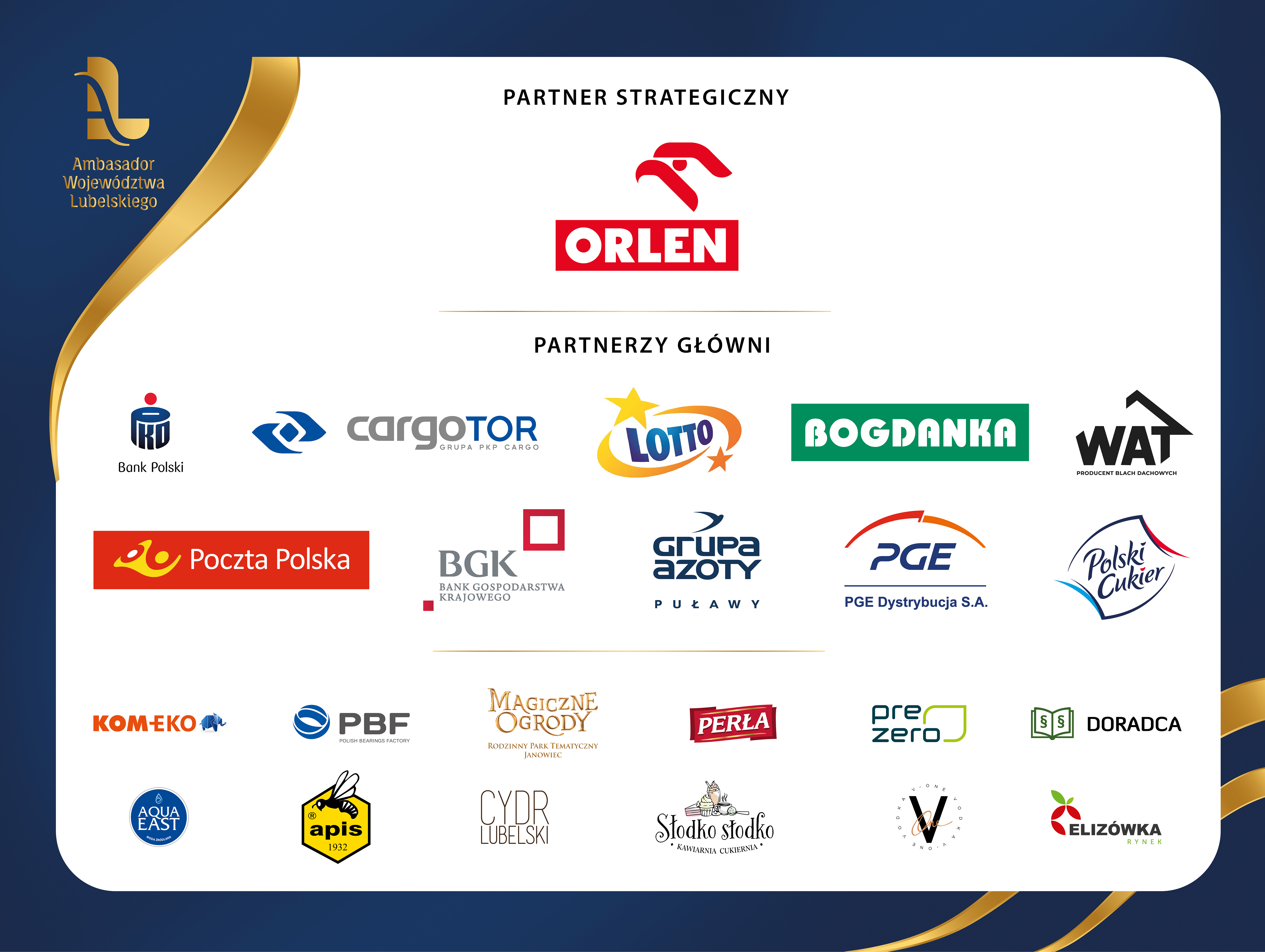 Grafika przedstawia loga firm - partnerów wydarzenia: Orlen, PKO Bank Polski, CargoTor, Lotto, Bogdanka, WAT, Poczta Polska, BGK, Grupa Azoty Puławy, PGE Dystrybucja, Polski cukier, KomEko, PBF, Magiczne Ogrody, Perła, PreZero, Doradca, AquaEast, Apis, Cydr Lubelski, Słodko Słodko, Elizówka, One Vodka.
