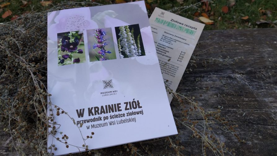 Grafika na której w centralnej części znajduje się ulotka z napisem: w krainie ziół przewodnik po ścieżce ziołowej w Muzeum Wsi Lubelskiej oraz zdjęcia trzech kwiatów. W tle za ulotką znajduje się drewniana deska i roślina.
