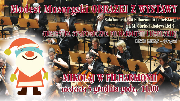 plakat wydarzenia przedstawiający muzyków filharmonii siedzących przed partyturami z instrumentami w lewym dolnym rogu znajduje się obrazek Świętego Mikołaja