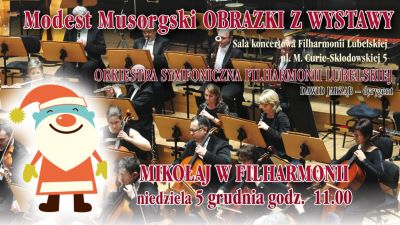 plakat wydarzenia przedstawiający muzyków filharmonii siedzących przed partyturami z instrumentami w lewym dolnym rogu znajduje się obrazek Świętego Mikołaja