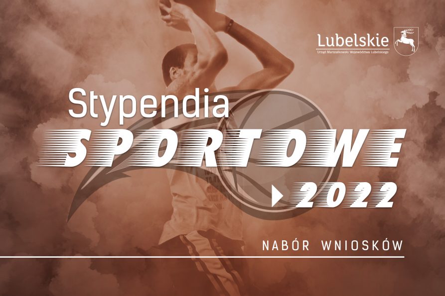 Grafika przedstawiająca koszykarza trzymającego piłke na chwilę przed wrzuceniem jej do kosza i napis Stypendia sportowe 2022 nabór wniosków