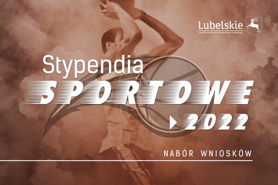 Grafika przedstawiająca koszykarza trzymającego piłke na chwilę przed wrzuceniem jej do kosza i napis Stypendia sportowe 2022 nabór wniosków