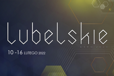 Logotyp EXPO lubelskie z dopisana informacją że wystawa trwa od 10 do 16 lutego 2022 roku