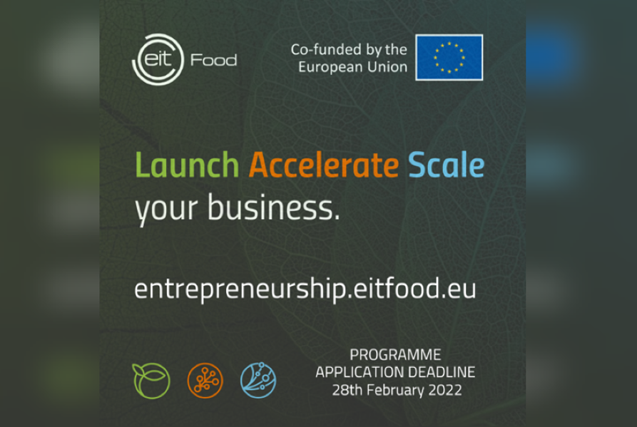 Plakat promujący wydarzenie z napisem obcojęzycznym Launch Accelerate Scale your business oraz podaną stroną interentową enterpeneurship.eitfood.eu