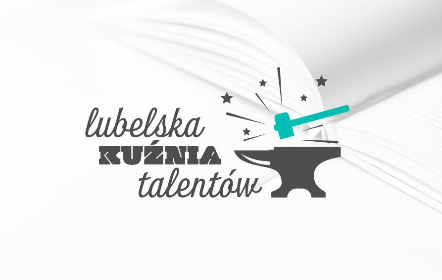 Grafika przedstawiajaca młotek uderzający o kowadło i napis lubelska kuźnia talentów