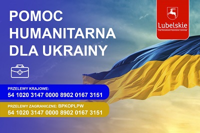 Plakat informujacy o pomocy humantiarnej dla Ukrainy z podanymi numerami kont na które mozna robić przelewy