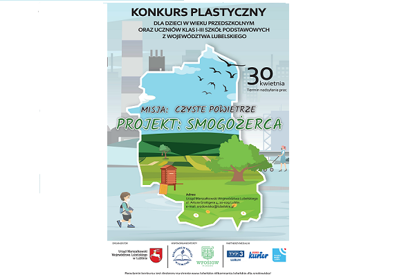 Plakat konkursu plastycznego "Misja: czyste powietrze. Projekt: Smogożerca"