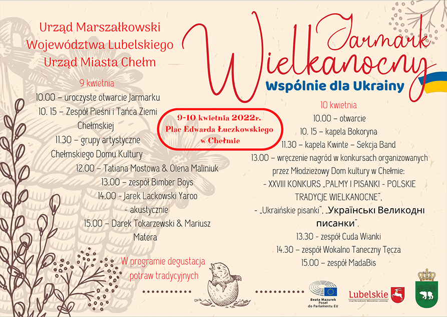 Plakat promujący Jarmark Wielkanocny w Chełmie z opisanym programem koncertów i konkursów