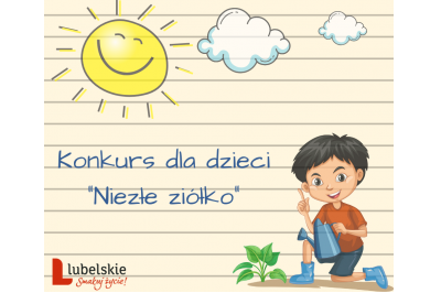 grafika do konkursu chłopiec trzymający konewke i podlewający roślinkę nad nim słońce i chmury oraz napis Konkurs dla dzieci Niezłe Ziółko