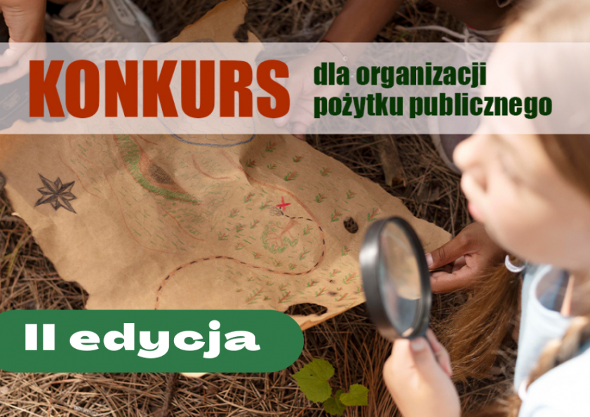 W centrum obrazu rozłożona mapa "skarbów". W dole z prawej strony siedzi dziewczynka z lupą przy mapie. U góry widać nogi siedzących nad mapą innych dzieci. Na obrazie dwa napisy. U góry: "KONKURS dla organizacji pożytku publicznego". Na dole: "II edycja"