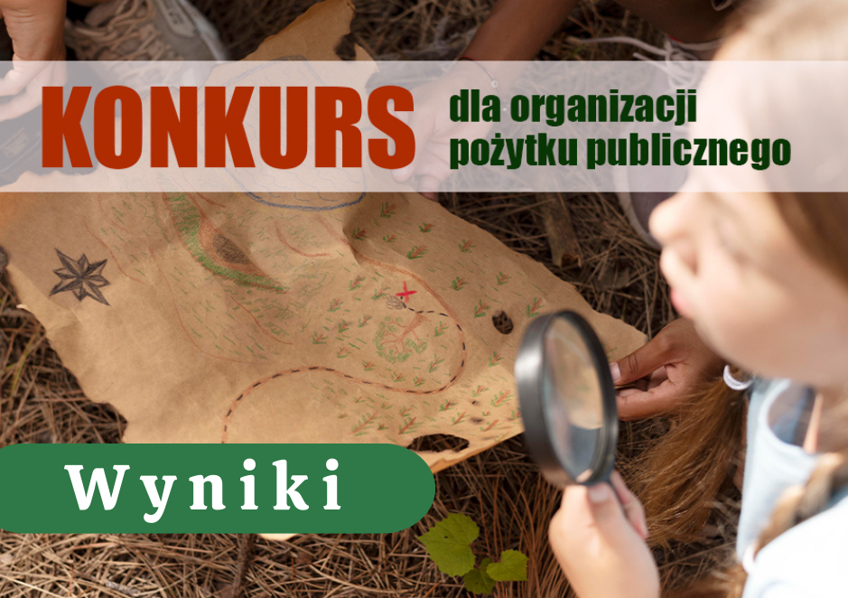 Na pierwszym planie narysowana "dziecięca" mapa skarbów. Z prawej na dole dziewczynka z lupą przyglądająca się mapie. U góry nogi innych klęczących nad mapą dzieci. U góry napis: "Konkurs dla organizacji pożytku publicznego". Na dole: "Wyniki"