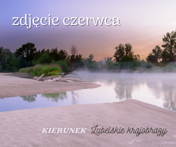 Piaszczysta plaża poprzerywana rozlewającą się w kilku kierunkach wodą rzeczną. W tle zadrzewienia, a dalej niebo tuż przed wschodem słońca