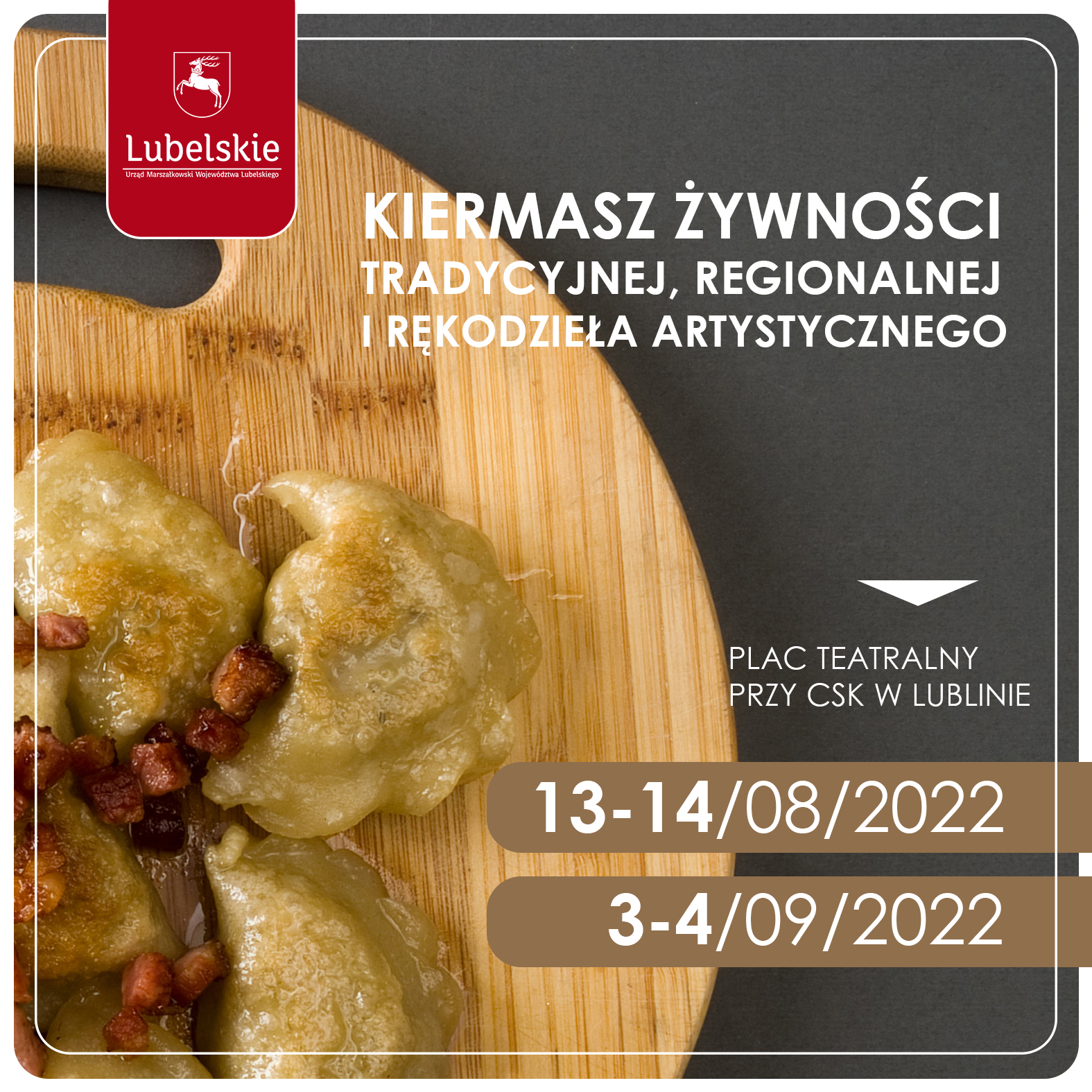 Logo wydarzenia Kiermasz żywności - pierogi na drewnianej tacy
