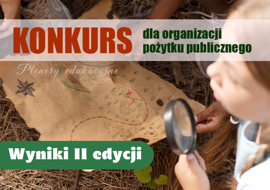 Dziecko trzymające lupę i patrzące na mapę. Napis: Konkurs dla organizacji pożytku publicznego. Wyniki II edycji