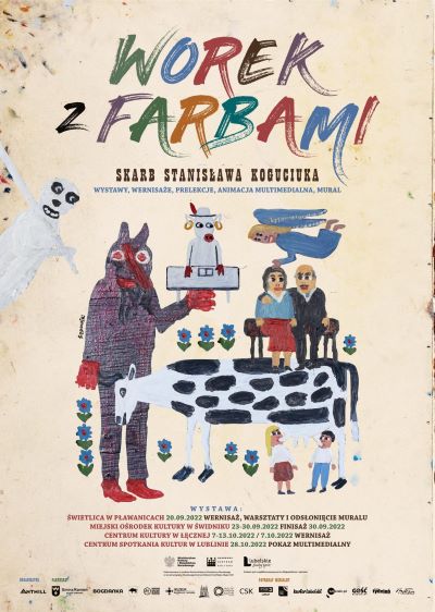 Naois worek z farbami skarb stanisąlwa koguciuka i kolorowy rysunek przedstawiający ludzi i zwierzęta domowe